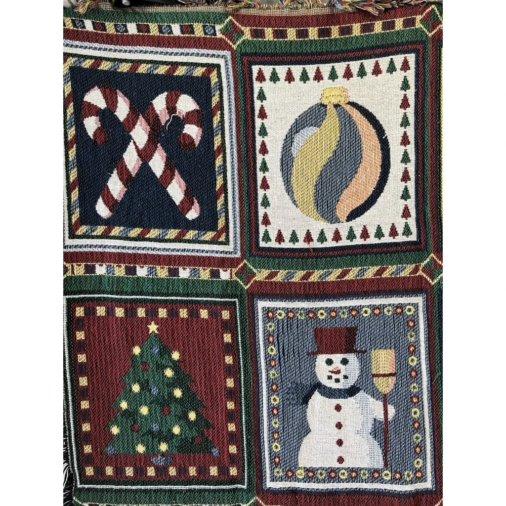 Vintage Christmas Woven Tapestry Afgan Snowman Tree Ornaments ThrowBlanket 48x64